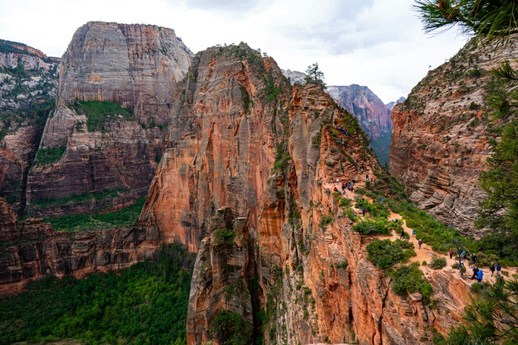 Zion Canyon seen from the road, with Angels Landing and its switchback trail